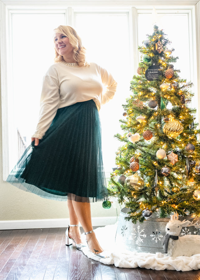 Make the Whole Place Shimmer Emerald Midi Skirt