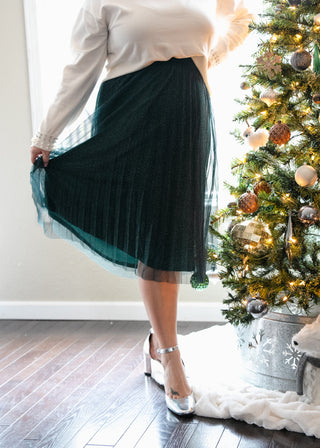 Make the Whole Place Shimmer Emerald Midi Skirt